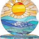 Beach Sunset Stained Glass Ocean Car Cup Holder Coasters 2 Pack Universal 2.63 Inch Anti Slip Ceramic Absorbent Coaster with Cork Base and Finger Notch Cute Car Accessories Interior for Women