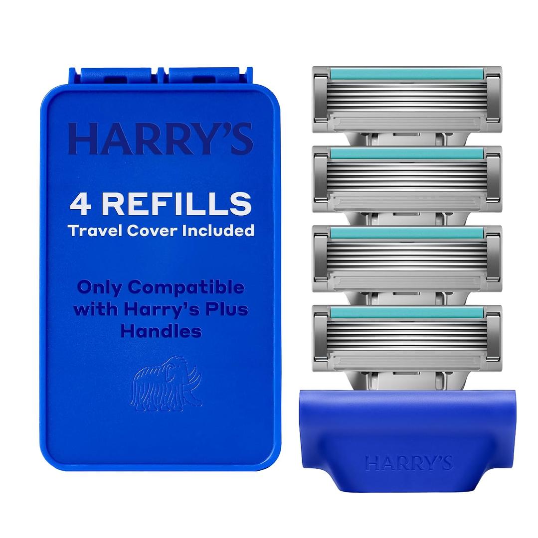 Harry's Plus Razor Refills - 4 Cartridges with Travel Blade Cover - Compact Cartridge Design for Precise Control - Shaving Kit for Men - Only Compatible with Harry's Plus Handles