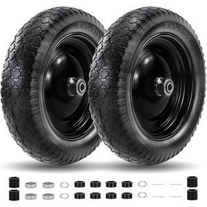 2PC 4.80/4.00-8 Flat Free Tire and Wheel, 14.5" Solid Wheelbarrow Tire with 5/8" & 3/4" Bearings and 3-7" Centered Hub for Gorilla Cart, Garden Cart, Hand Truck, Trolley, Wagons,Universal Fit 4.00-6