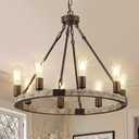 Farmhouse Wagon Wheel Chandelier 23.6" Wooden Chandelier Light Fixture 8-Light Rustic Chandeliers for Dining Room Living Room Entryway Foyer