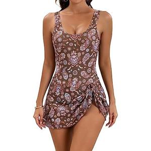 Eomenie One Piece Swimdress Swimsuits for Women Tummy Control Swim Dresses Skirt Bathing Suit, Brown Floral Printed, Size L