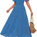 ZESICA Women's 2025 Summer Short Sleeve Maxi Dress Casual V Neck Hollow Out Eyelet Ruffle Swing A Line Long Dresses, Large