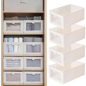 Pradnel Linen Closet Organizers And Storage, 4 Pack Storage Bins Baskets for Organization Foldable Organizer with Clear Window Organizing Clothing, Jeans, Shelves