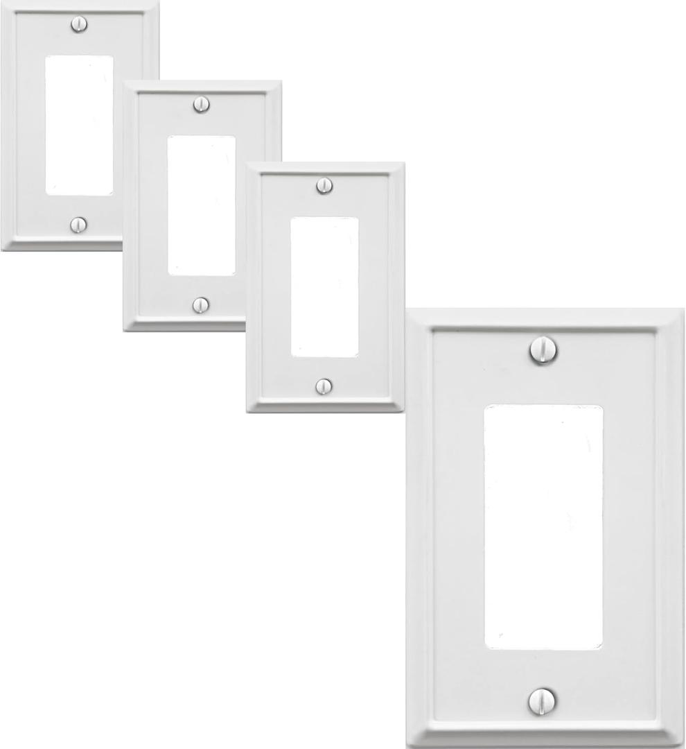 OKAWYC Single Decorator Light Switch Cover Aria Metal Wall Plate, 4-Pack White 1 Gang Single Rocker, for Receptacle Dimmer Switch GFCI Outlet, Switch Cover Decorative Wallplate, Durable