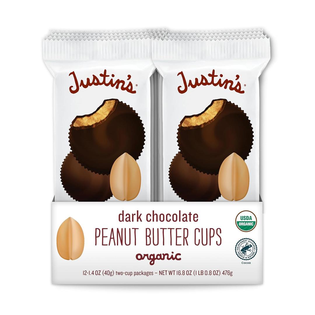 JUSTIN'S Organic Dark Chocolate Peanut Butter Cups, 12 Pack (2 cups each), Best By: 10/21/2026