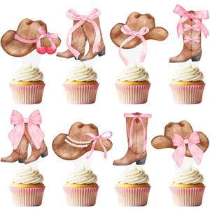 Cowgirl Boots and Hat Pink Bow Cupcake Toppers Coquette Cowgirl Cake Decorations 48PCS Boots and Hats Cupcake Picks Western Cowgirl Birthday Decorations for Girls Wild West Rodeo Party Supplies