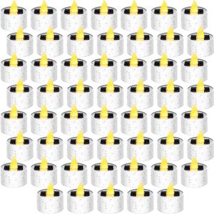 54 Pcs Solar Tea Lights Bulk Outdoor Waterproof Rechargeable Dusk to Dawn Lighting Small Flameless Flickering LED Votive Candles for Garden Patio Party Lanterns (Amber)