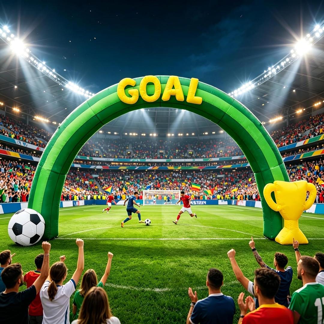 14FT Giant Soccer Inflatable Arch 2026 World Soccer Blow up Decorations with Trophy & Built-in 7 LED Lights for Soccer Field Club Team Community Competition Party Outdoor Yard Garden Lawn Decor