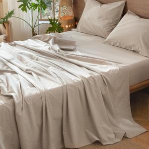 MooMee Flat Top Sheet Only 100% Washed Cotton Linen Like Textured Breathable Durable Soft Comfy (Tannish Linen Grey, Queen)