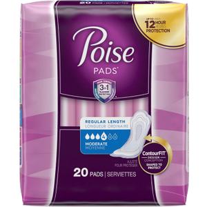 Poise Moderate Absorbency Pads, Regular Length, 20 ct (Pack of 2)