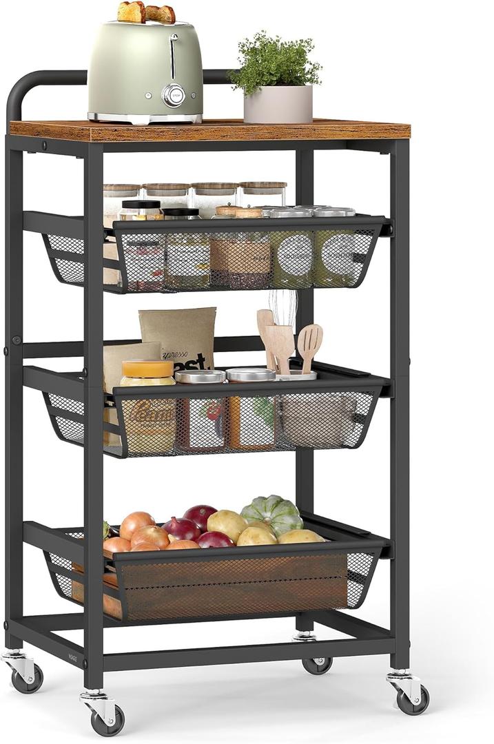 VASAGLE Storage Rolling Cart with Pull-Out Baskets, 4-Tier Utility Cart Orgnizer with Wheels for Laundry Room, Kitchen, Handle, 12.5 x 15.8 x 29.9 Inches, Rustic Brown and Ink Black ULRC040K01