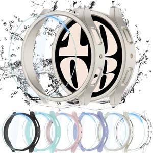 QCKANLJ [6+6Pack] for Samsung Galaxy Watch 6 Screen Protector Case 40mm, Anti-Fog Tempered Glass and Waterproof Hard PC Protective Bumper Cover (Black/Clear/Ocean Green/Starlight/Pink/Purple)