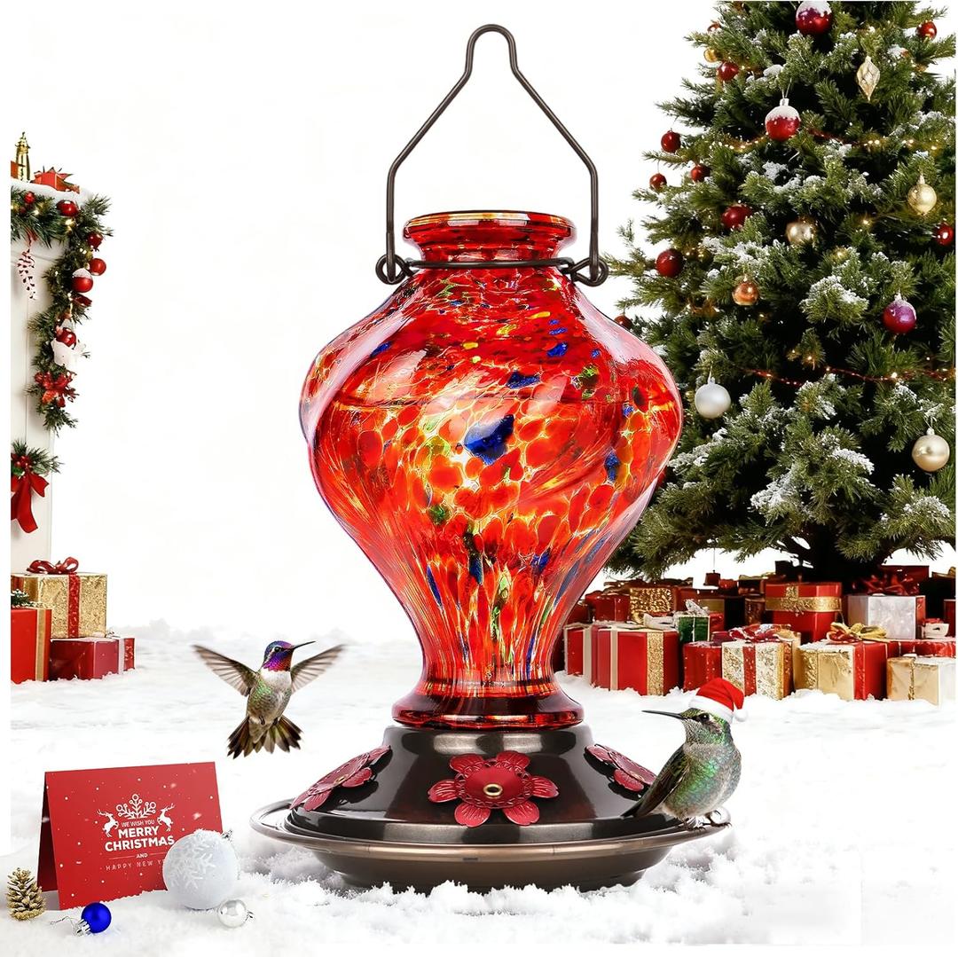 Hummingbird Feeder, BOLITE Glass Hummingbird Feeders for Outdoors Hanging, Hand Blown Twisted with Ant Moat and Five Feeding Ports, 24 Ounces, Leak Proof, Red, Gifts for Women Men, Gifts for Mom Dad