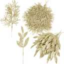 Winlyn 30 Pcs Christmas Artificial Bay Leaf Picks Cedar Sprays Champagne Glittered Christmas Tree Ornament Picks Winter Floral Stems for Champagne Christmas Tree Wreath Holiday Decor Wedding Bouquet