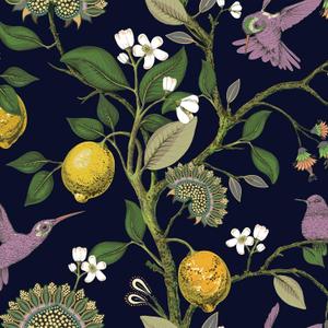 VEELIKE 17.7''x118'' Navy Blue Lemon Tree Peel and Stick Wallpaper Modern Hummingbirds Floral Wallpaper Removable Self Adhesive Blue Contact Paper for Bedroom Bathroom Walls Furniture