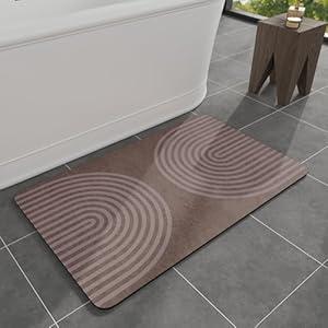 MontVoo -Bath Mat-Non Slip Thin Bathroom Rugs Fit Under Door- Quick Dry Absorbent Faux Suede Surface Grey Bathroom Floor Mats-Shower Rug for in Front of Bathtub Shower Brown Arched 16x24