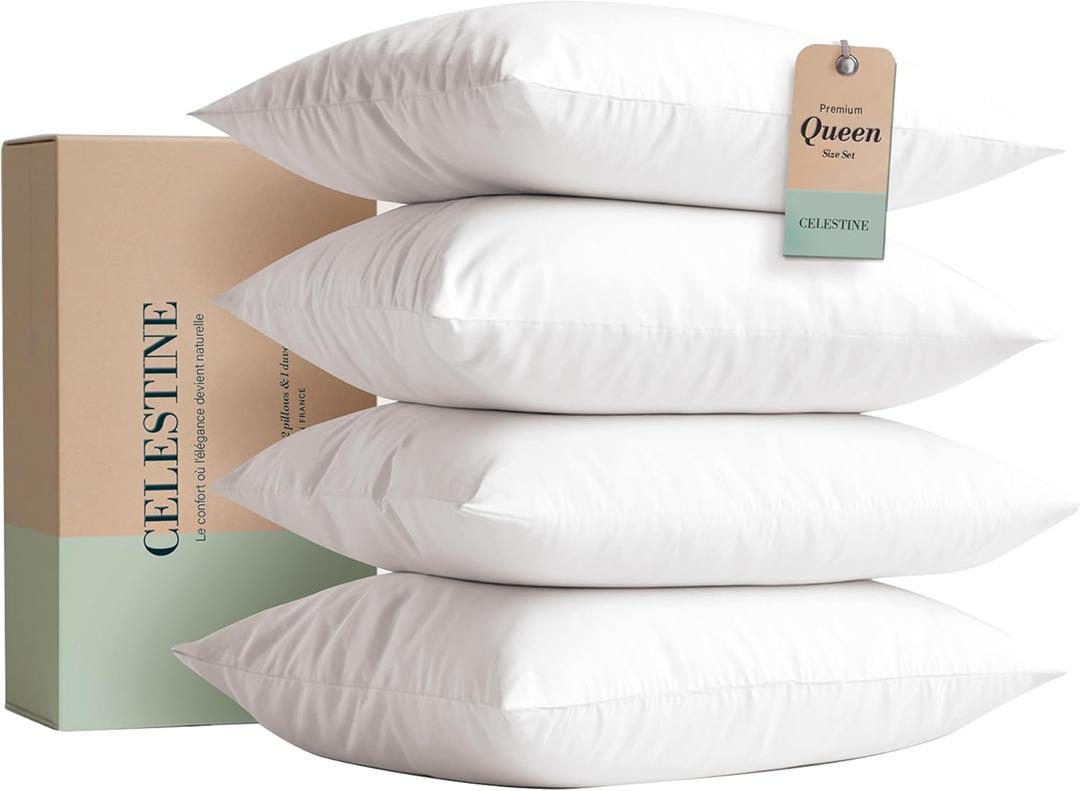 Celestine Queen Size Pillows Set of 4  Soft Down Alternative Microfiber Filling, Plush White 20x28 Bed Pillows for Side and Back Sleepers, Breathable, Supportive, Machine Washable Pillow Set