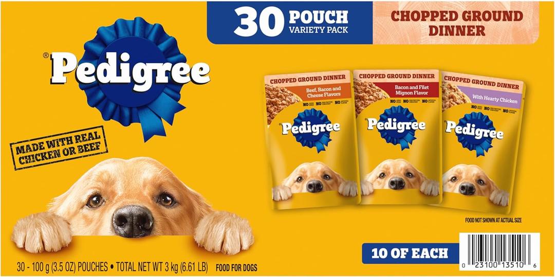 Pedigree Chopped Ground Dinner Adult Soft Wet Dog Food 30-Count Variety Pack, 3.5 oz Pouches
