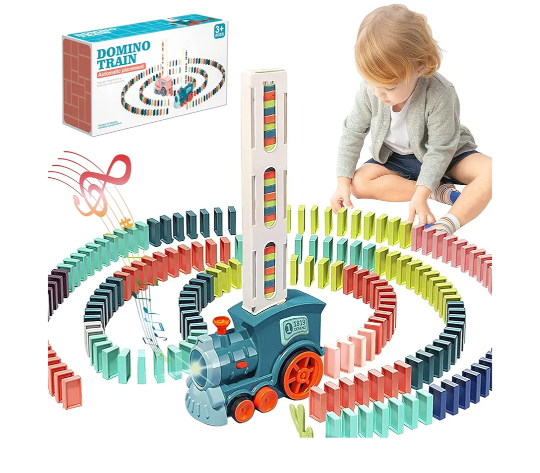 Domino Train Toy Set for Kids, Automatic Dominoes Blocks Building and Stacking Toys Creative Kids Games Early Education Christmas Birthday Gift Boys Girls Age 3 4 5 6 7 8 Year Old (Cyan)