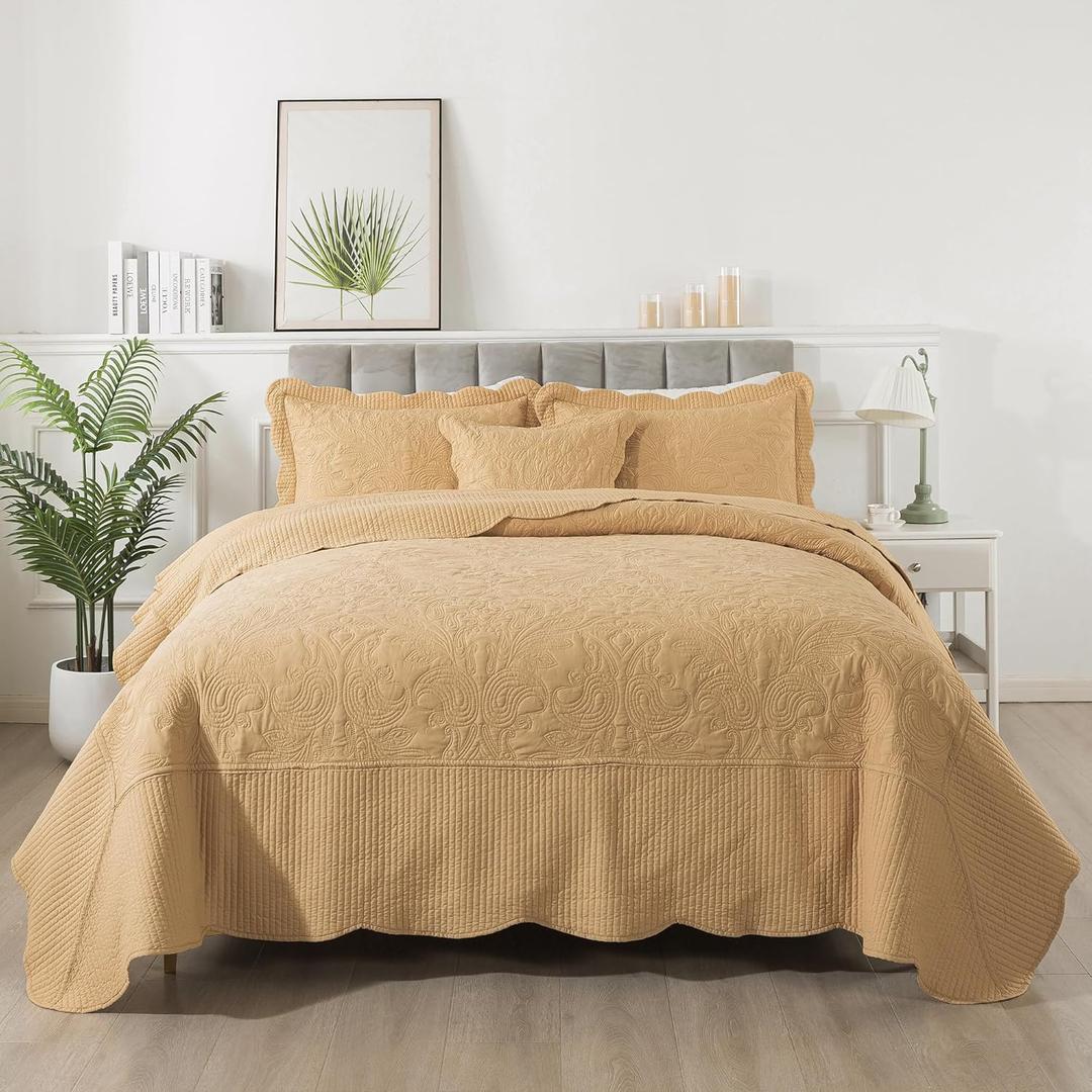 HoneiLife California King Quilt 128x120 - Oversized King Bedspreads 4-Piece,Rustic Bedding Sets Quilted,Reversible Coverlets Lightweight Bed Cover for All Season Use-Yellow