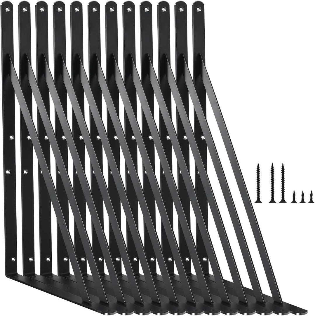 12 Pack L16 x H 10" Black Heavy Duty Shelf Brackets with Screws Metal Shelf Brackets Shelf Support Angle Brackets for Shelves L Brackets Heavy Duty Floating Shelf