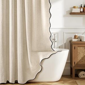 MIULEE 84" Long Scalloped Linen Shower Curtain with 12 Metal Hooks Cute Extra Long Boho Heavy Duty Washable Waterproof Thick Cloth Curtains with Black Border for Bathroom Hotel Bathtub,Beige