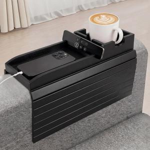Bamboo Couch Arm Tray Table with Built-in Cup Holder, Foldable Anti-Slip Sofa Armrest Table for Drinks, Phone & Remote, Fits 4.716.9 in Armrests, Holds Cups up to 3.5 in Diameter (Black)