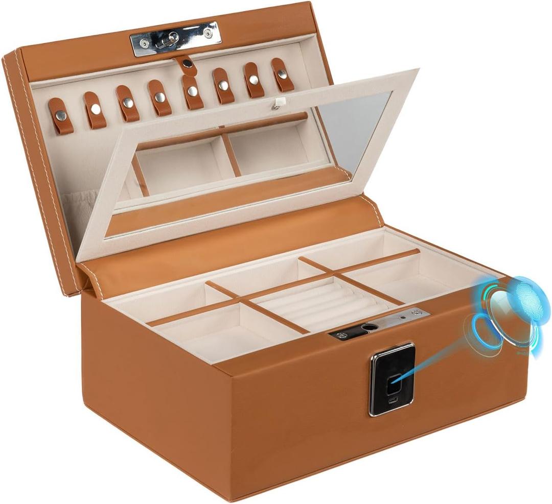Jewelry Safe, Biometric Fingerprint Safe, Leather Wrapped Jewelry Box with Lock & Mirror, Ultra-Lightweight Jewelry Box Suitable for Home Use & On-the-Go(Three-Tier Brown)
