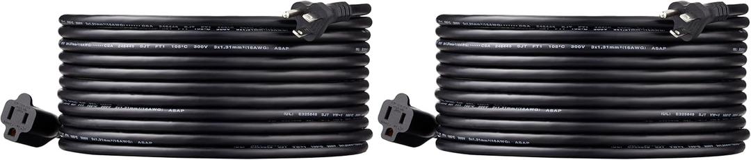 Amazon Basics Indoor Extension Cord, 3 Prong Outlet Extender Power Cord, 13 Amps, 125V, 25 Foot, Black, 2-Pack