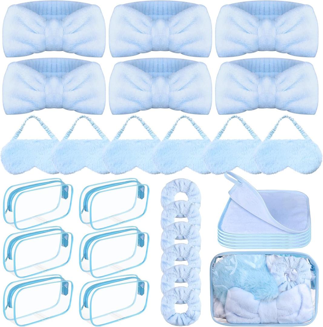 30 Pcs Spa Sleepover Party Supplies 6 Bow Makeup Headband 6 Plush Sleep Eye Mask 6 Velvet Scrunchies 6 Makeup Remover Cloth 6 Clear Cosmetic Bags for Women Slumber Party Favors (Blue)