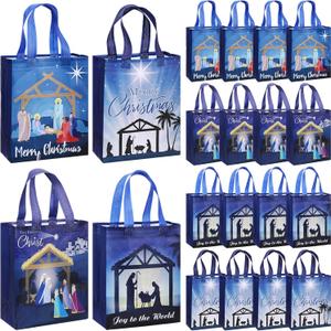 Wesnoy 24 Pcs Christmas Nativity Bags Bulk 10 x 8 x 4 Inch Christmas Jesus Non Woven Gift Bags with Handles Holy Night Religious Decoration Gift Packaging Reusable Christian Supplies for Xmas (Dark Blue)