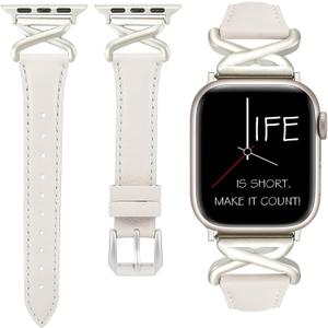 Leather Bands Women Compatible with Apple Watch 40mm 38mm 44mm 45mm 41mm 42mm 46mm 49mm Dressy Slim Strap With Designer X-Shaped Metal Crown for iWatch Series Ultra/SE/10/9/8/7/6/5/4/3/2/1 Starlight