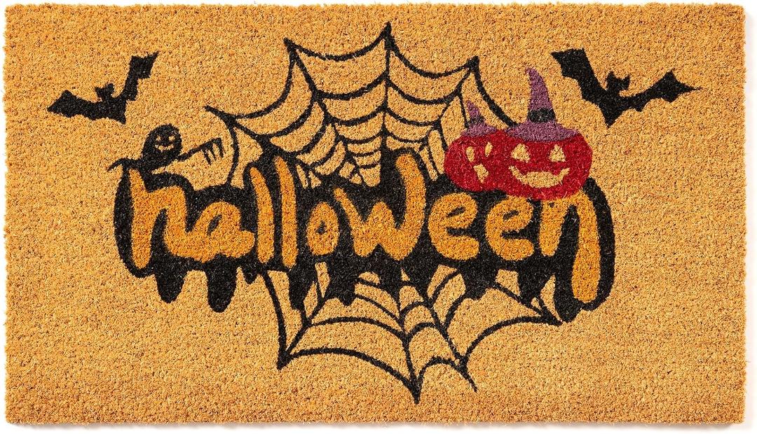 Halloween Welcome Door Mat - 30"x17" Spider Web Coir Front Doormat with Anti-Slip PVC Backing, Indoor Outdoor Mats for Entryway, Porch, Durable Coconut Fiber Mat, Natural Home Decor