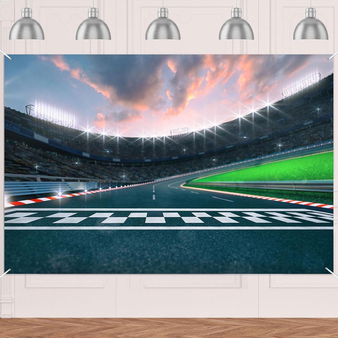 Racing Car F1 Racetrack Banner Backdrop Background Race Car Check Flag Sports Theme Decor for Birthday Party Race Fans Highchair Decorations Photo Booth Props Favors Supplies