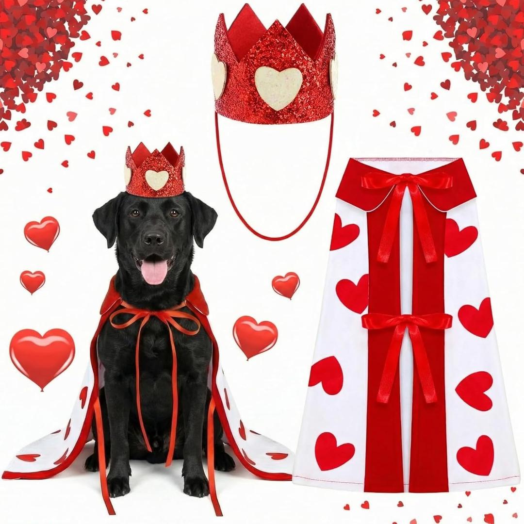 Hillban Valentine's Day Dog Costume Heart Crown and Cape Cover Set Dog Queen Valentines Outfit Heart Cape Hat for Small, Medium, Large Dogs and Pets(M)