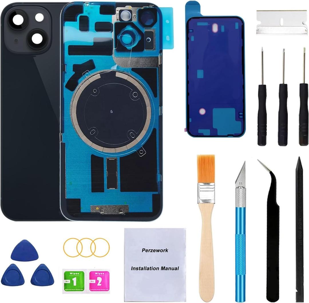 Rear Back Glass Replacement for iPhone 14 6.1-inches with + Pre-Installed Plate and Camera Frame and Lens + Reparing Tool Kit (Midnight Black)