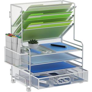 MINDEPOT 4-Tier Paper Organizer + 3-Pocket File Holder + Drawer + Pen Holders, Desktop File Organizers Paper Tray for Office Supplies School Classroom Organization (Silver, with Drawer & Pen Holder)