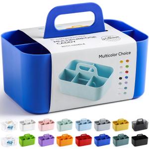 Multiuse Caddy Organizer with Handle, Portable Plastic Tote Bin - Art Craft, Stationary Pen Marker Crayons, Makeup Hair Supplies Storage - Bathroom, Classroom, Dorm, Office, Desk Holder - Dark Blue