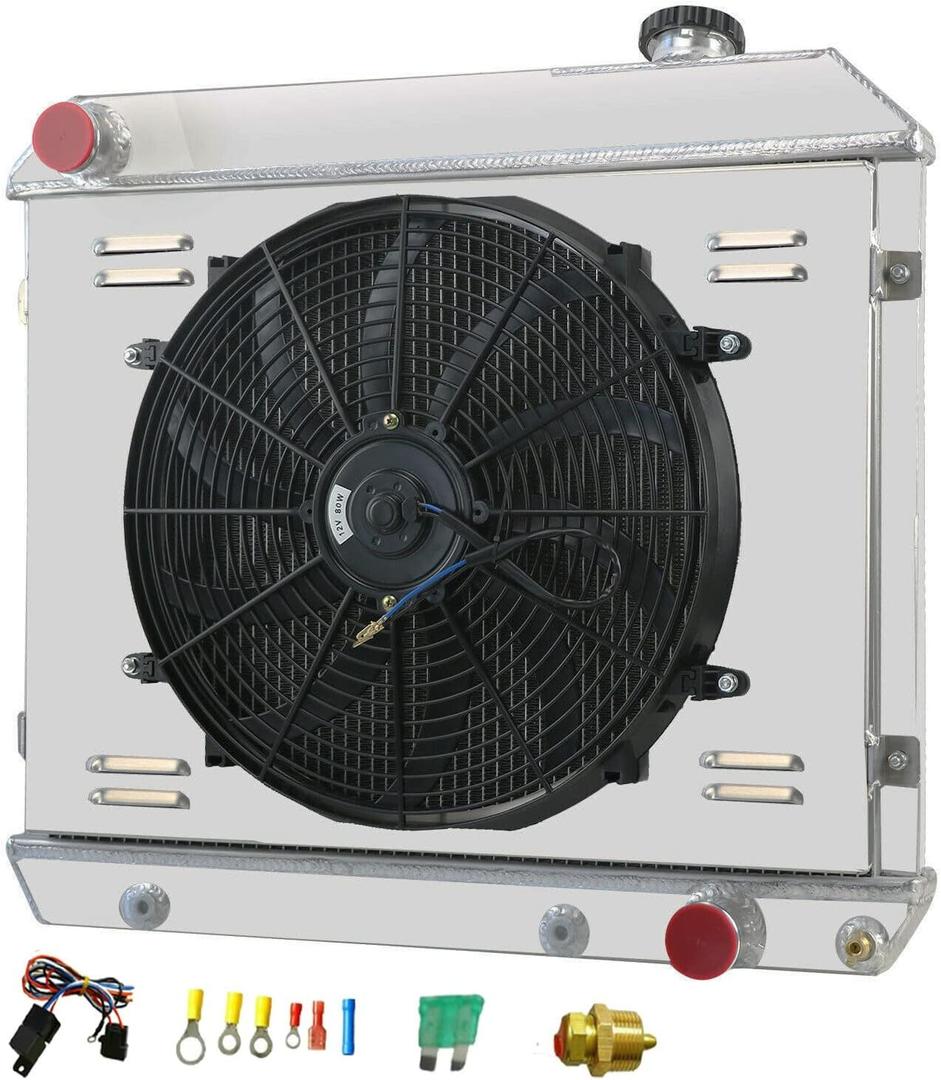 4-Row 62mm Core Radiator Compatible with 1963-1966 Chevy GMC C/K C10 C20 C30 Pickup Truck V8 with Fan Shroud Wiring Set 63 64 65 66