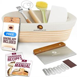 Superbaking 10" Oval Banneton Bread Proofing Basket  Sourdough Starter Kit for Crusty Artisan Style Loaves, Includes Essential Bread Baking Supplies & Tools - Ideal Gift for Bakers