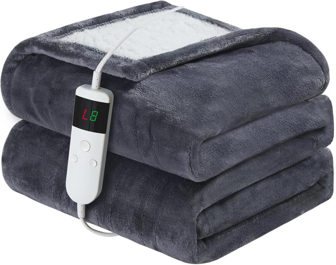 Electric Heated Blanket Full Size 72''x84'' Soft Flannel & Sherpa Electric Blanket with 10 Heating Levels, Automatically Shut Down After 8h with Overheat Protection Machine Washable (Dark Grey)