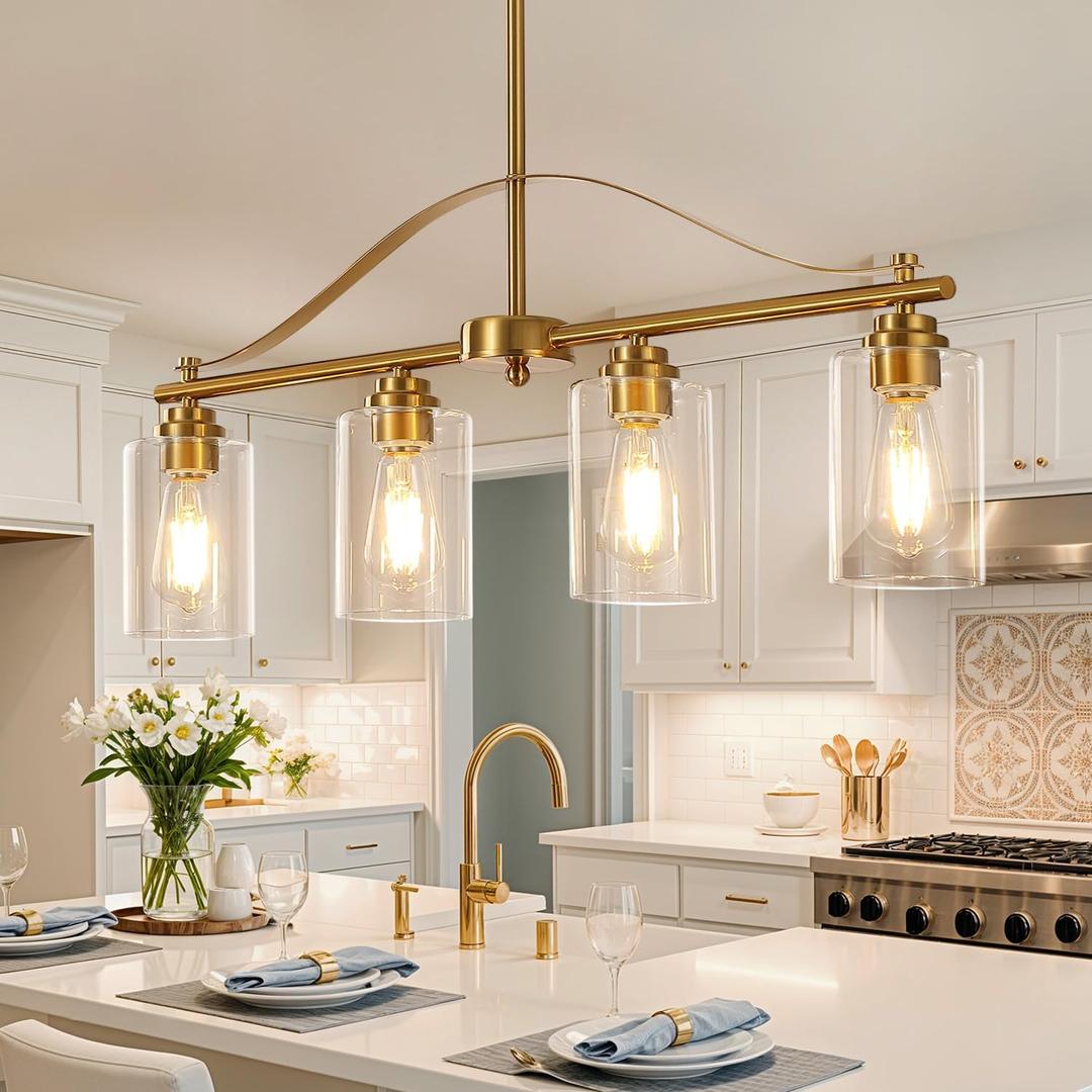 Island Light for Kitchen, 4-Light Linear Chandelier Pendant Lighting for Kitchen Island, Brushed Gold Dining Room Light Fixture Over Table with Clear Glass Shades