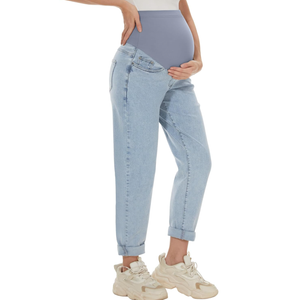 Maternity Boyfriend Jeans High Waisted Stretchy Denim Pregnancy Pants with 4 Pockets L