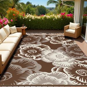 MontVoo Outdoor Rug-Waterproof Patio Rug Mat 5x8 Outdoor Carpet Mat Reversible Plastic Straw Outside Outdoor Rug for RV Camping Picnic Beach Balcony Backyard Pool Deck Farmhouse Floral Beige Brown