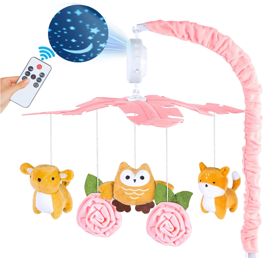 Playix Baby Crib Mobile with Music and Lights, Nursery Baby Mobile for Crib Bassinet with Remote Control, Rotation, Starlight Projection, Crib Toys for Babies Boys Girls Pink