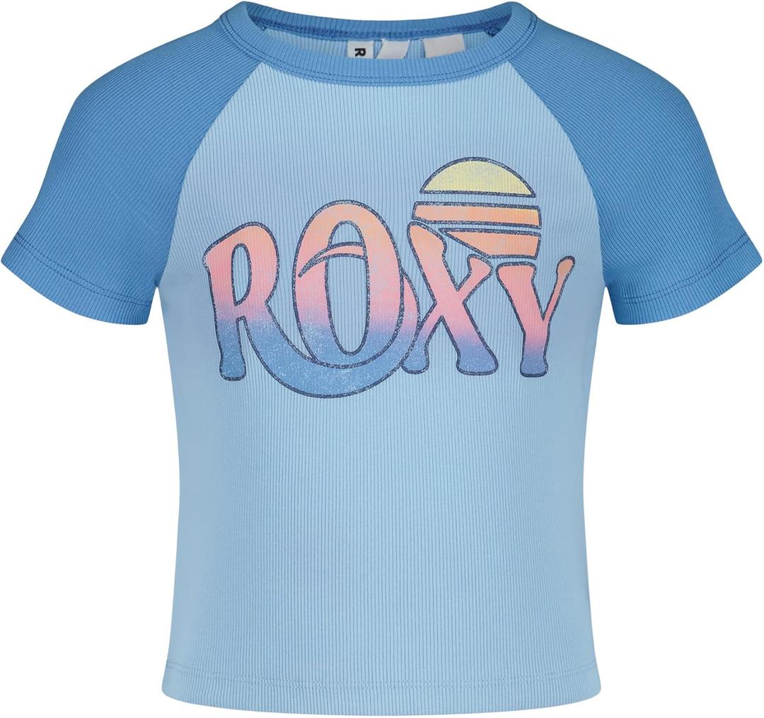 Roxy Girls' Short Sleeve Snug Fit Ribbed Tee, Crew Neck Graphic T-Shirt, Soft & Comfortable, Blue Sunset, L12/ 14