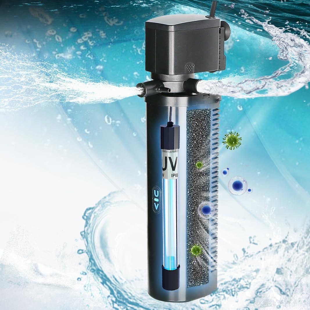Aquarium Filter for 75-200 Gallon Tank, U-V Fish Tank Green Clean Machine Submersible Powerful Pump Canister Filter 300GPH for Pond Turtle Tank Saltwater Freshwater Crystal Clear Green Killing
