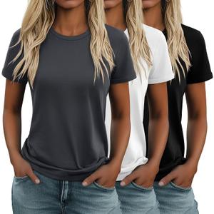 Huukeay 3 Pack Women's Cotton T Shirts Casual Short Sleeve Tunic Tops Crewneck Summer Loose Fit Plain Basic Tee (L)