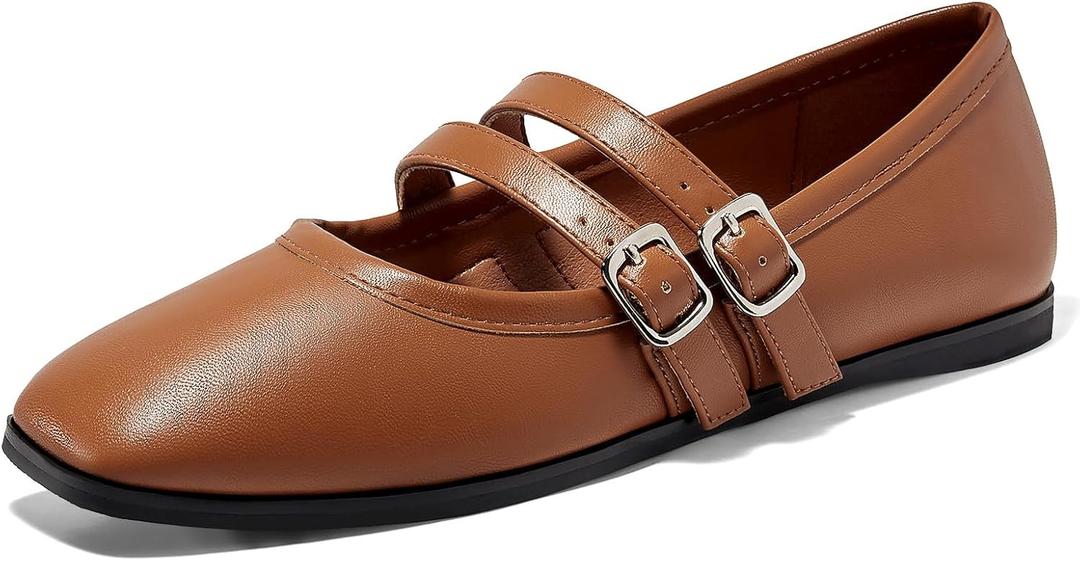 Coutgo Womens Mary Jane Flats Shoes Dressy Comfortable Square Toe Double Strap Soft Work Slip on Ballet Flat, Brown, Size 7.5