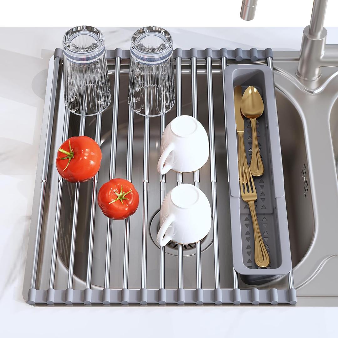 Roll Up Dish Drying Rack, Expandable 304 Stainless Steel Portable Drainer for Kitchen Sink Counter, Foldable Over The Sink Cover with Removable Utensil Holder(12.8"-23.3") (Gray)